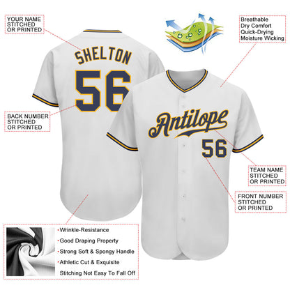Custom White Navy-Gold Authentic Baseball Jersey - Sky-Custom
