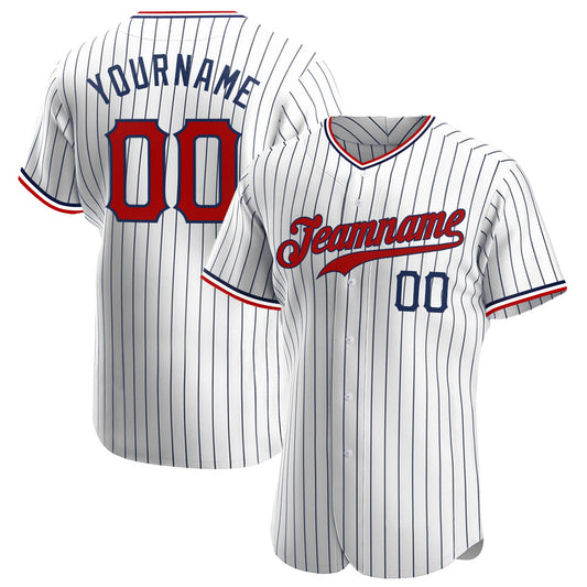 Custom White Navy Pinstripe Red-Navy Authentic Baseball Jersey - Sky-Custom