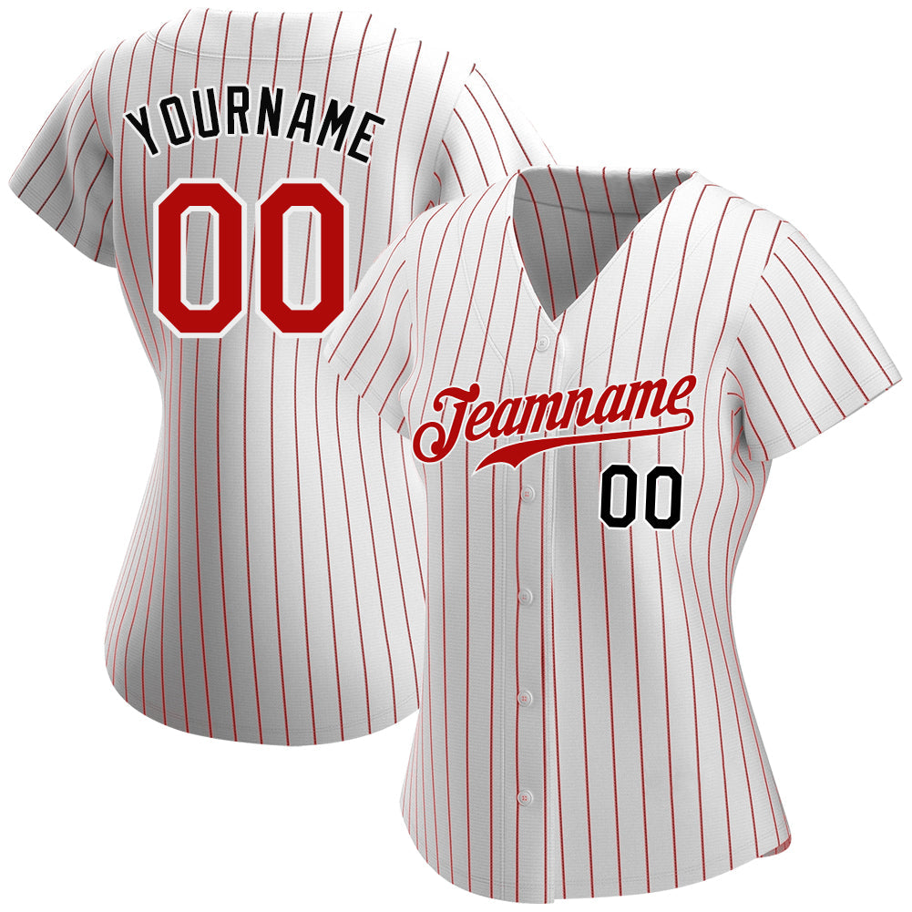 Custom White Red Pinstripe Red-Black Authentic Baseball Jersey - Sky-Custom