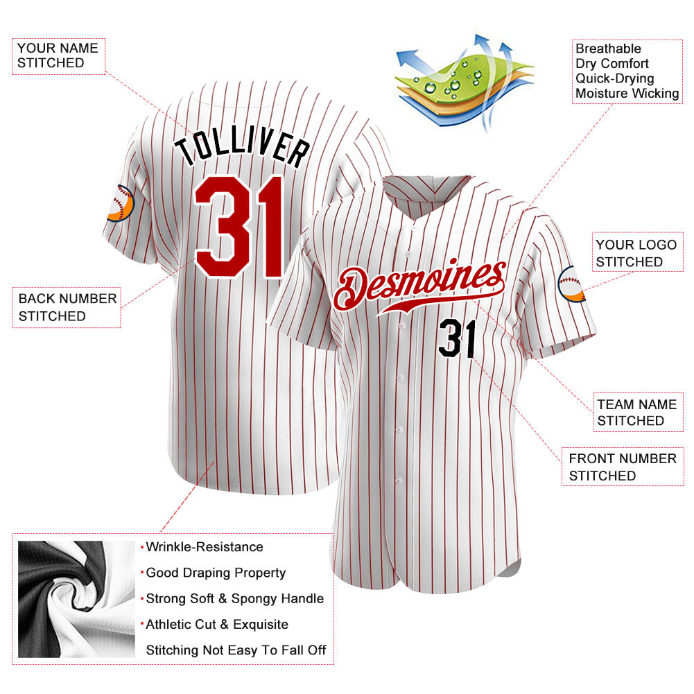Custom White Red Pinstripe Red-Black Authentic Baseball Jersey - Sky-Custom