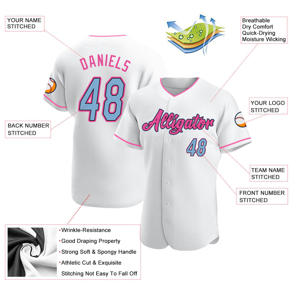 Custom White Light Blue-Pink Authentic Baseball Jersey - Sky-Custom