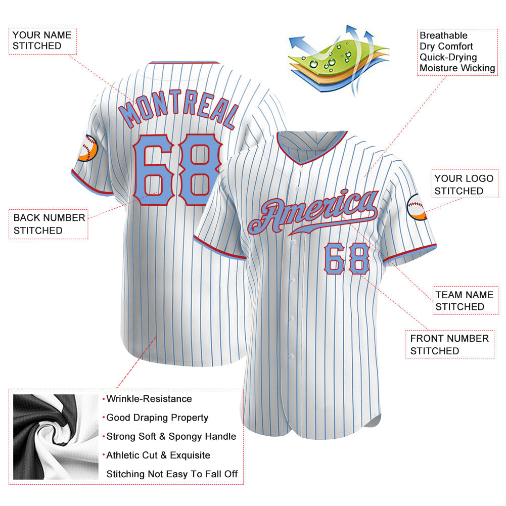 Custom White Light Blue Pinstripe Light Blue-Red Authentic Baseball Jersey - Sky-Custom