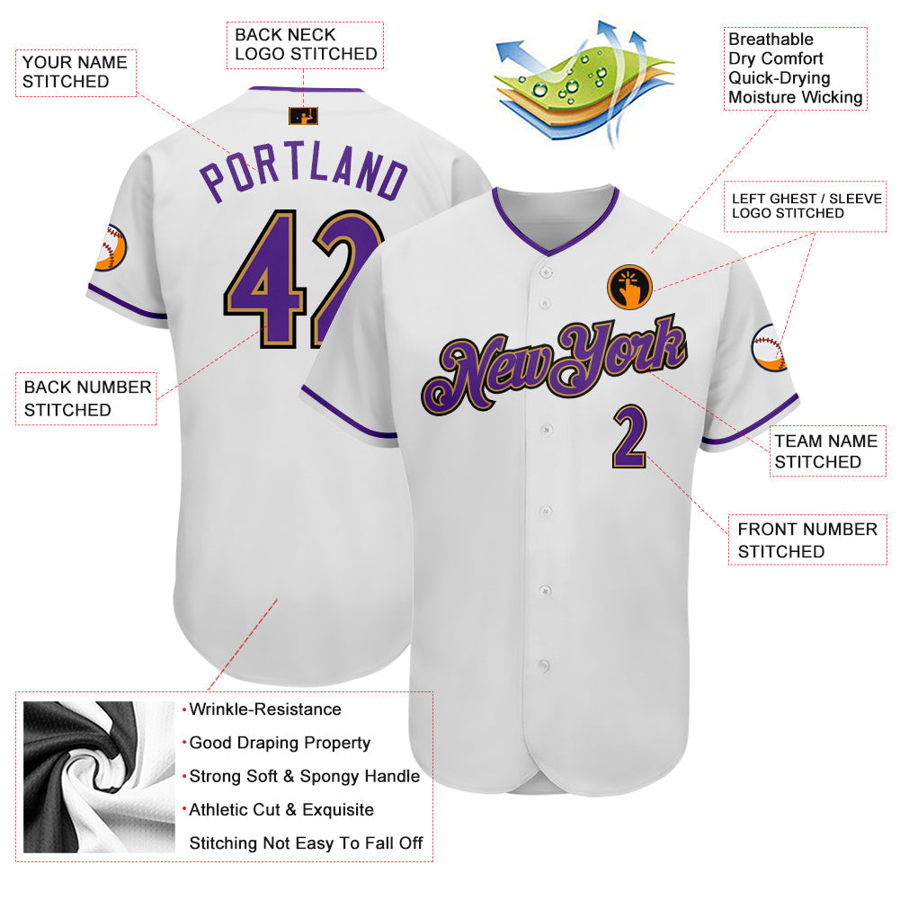 Custom White Purple-Old Gold Authentic Baseball Jersey - Sky-Custom