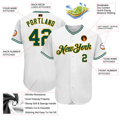 Custom White Green-Gold Authentic Baseball Jersey - Sky-Custom