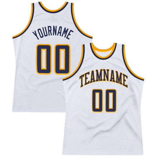 Custom White Navy-Gold Authentic Throwback Basketball Jersey - Sky-Custom