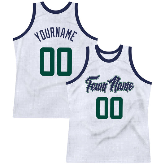 Custom White Hunter Green-Navy Authentic Throwback Basketball Jersey - Sky-Custom