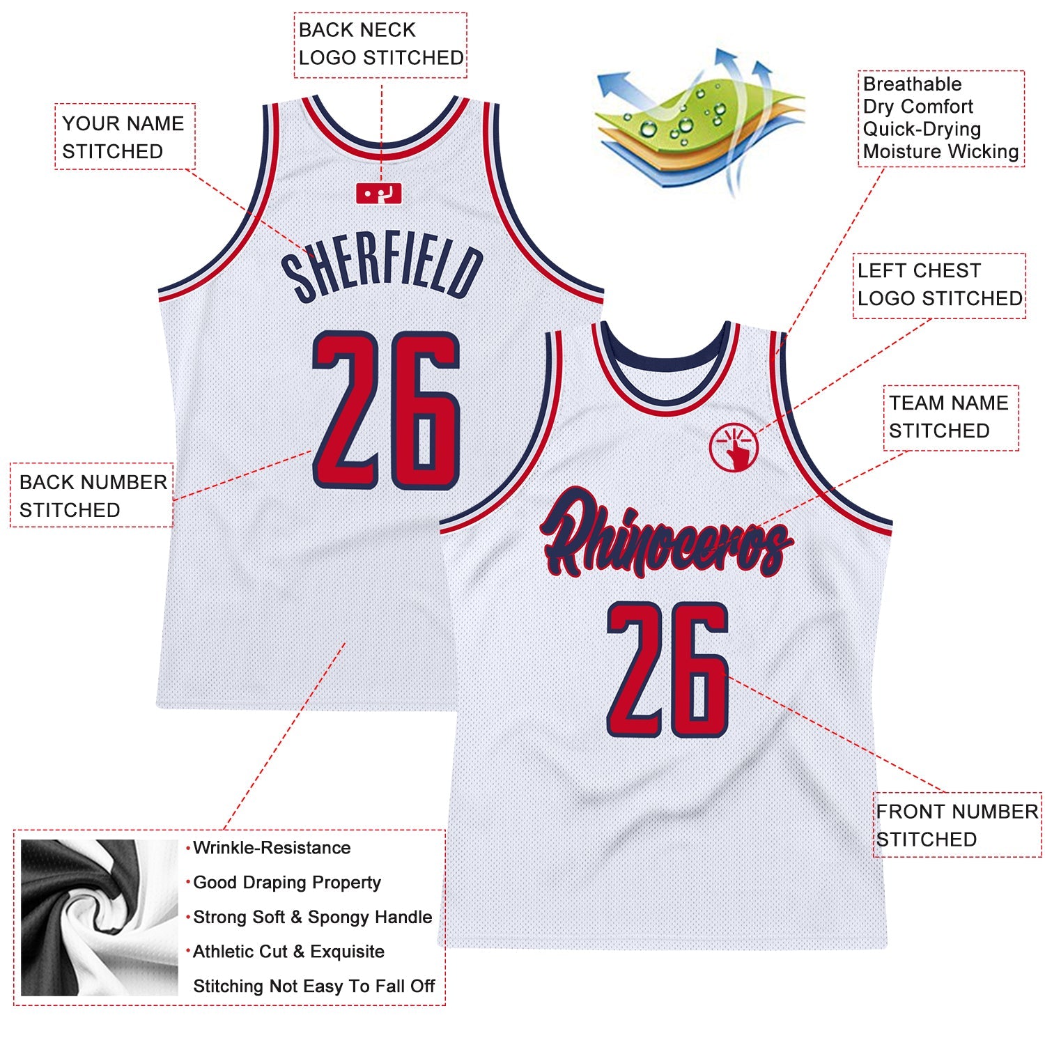 Custom White Red-Navy Authentic Throwback Basketball Jersey - Sky-Custom