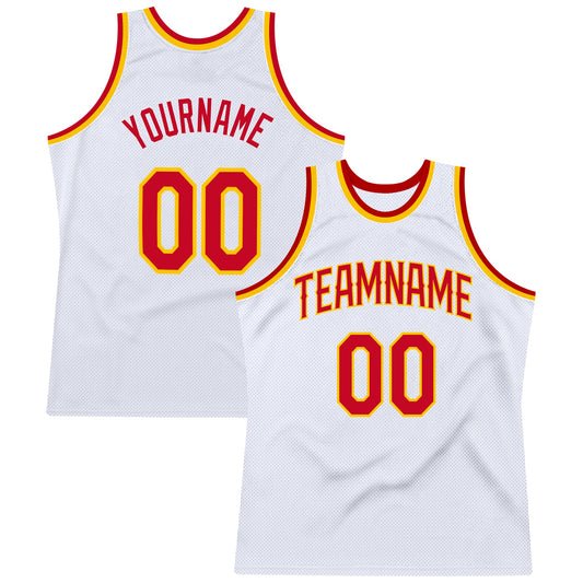 Custom White Red-Gold Authentic Throwback Basketball Jersey - Sky-Custom