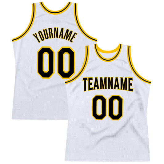 Custom White Black-Gold Authentic Throwback Basketball Jersey - Sky-Custom