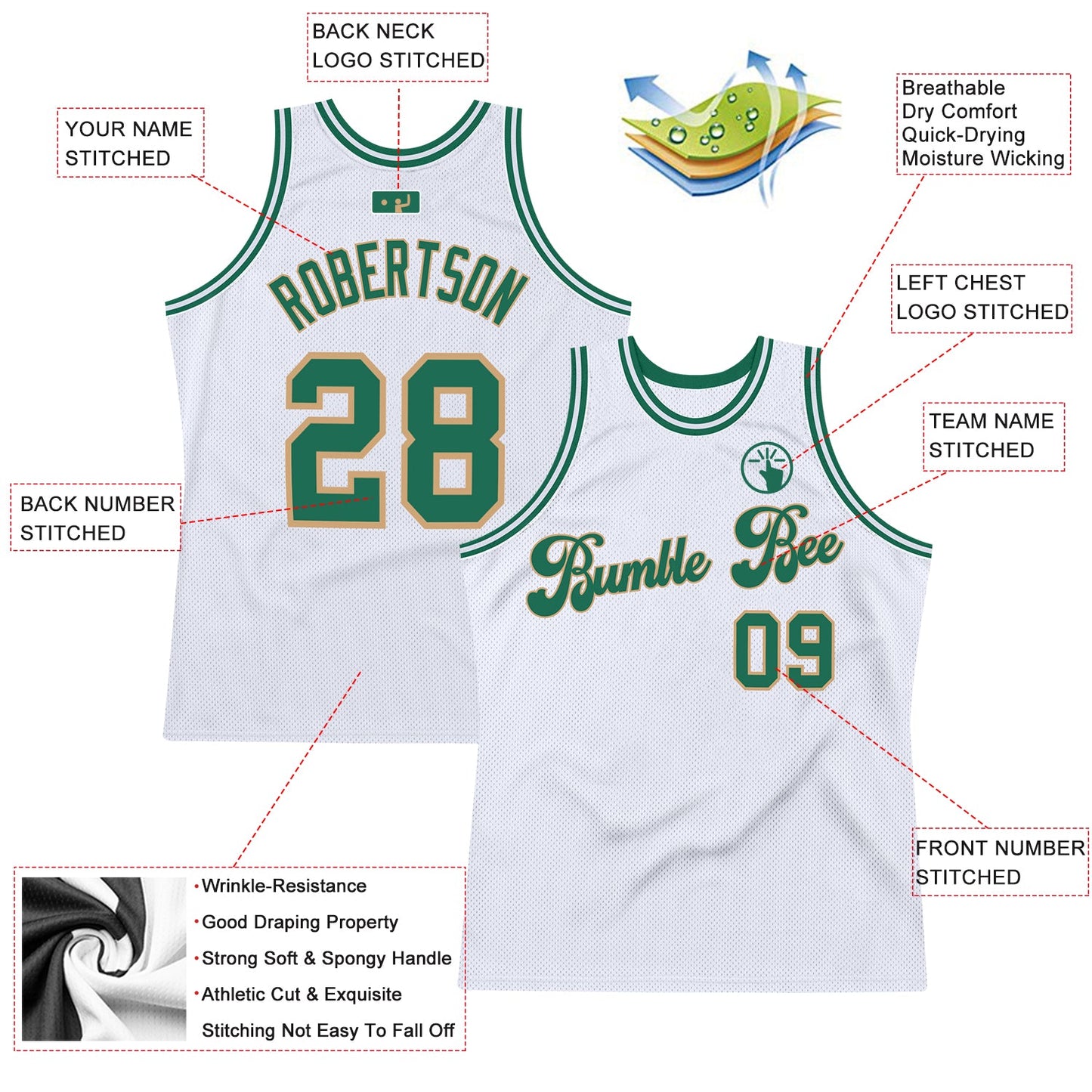 Custom White Kelly Green-Old Gold Authentic Throwback Basketball Jersey - Sky-Custom
