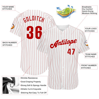 Custom White Red Pinstripe Red Authentic Baseball Jersey - Sky-Custom