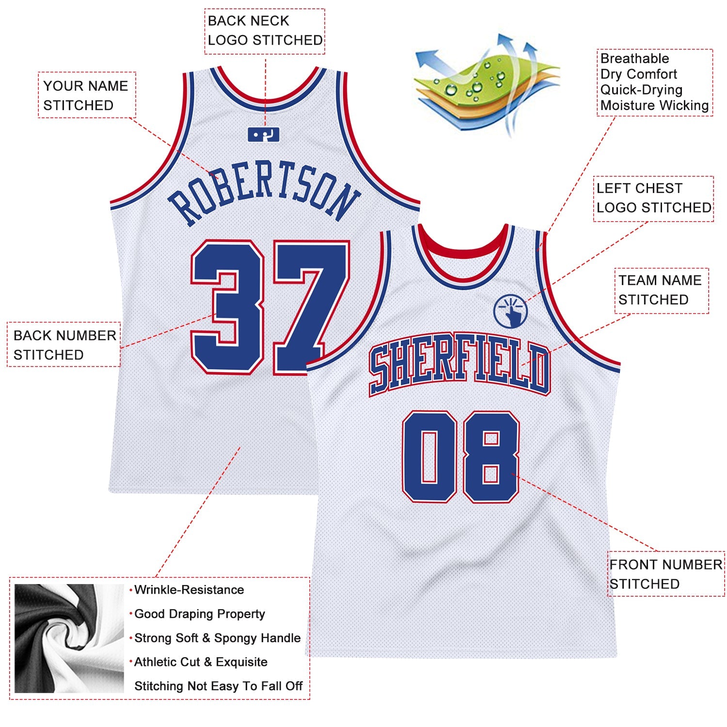 Custom White Royal-Red Authentic Throwback Basketball Jersey - Sky-Custom