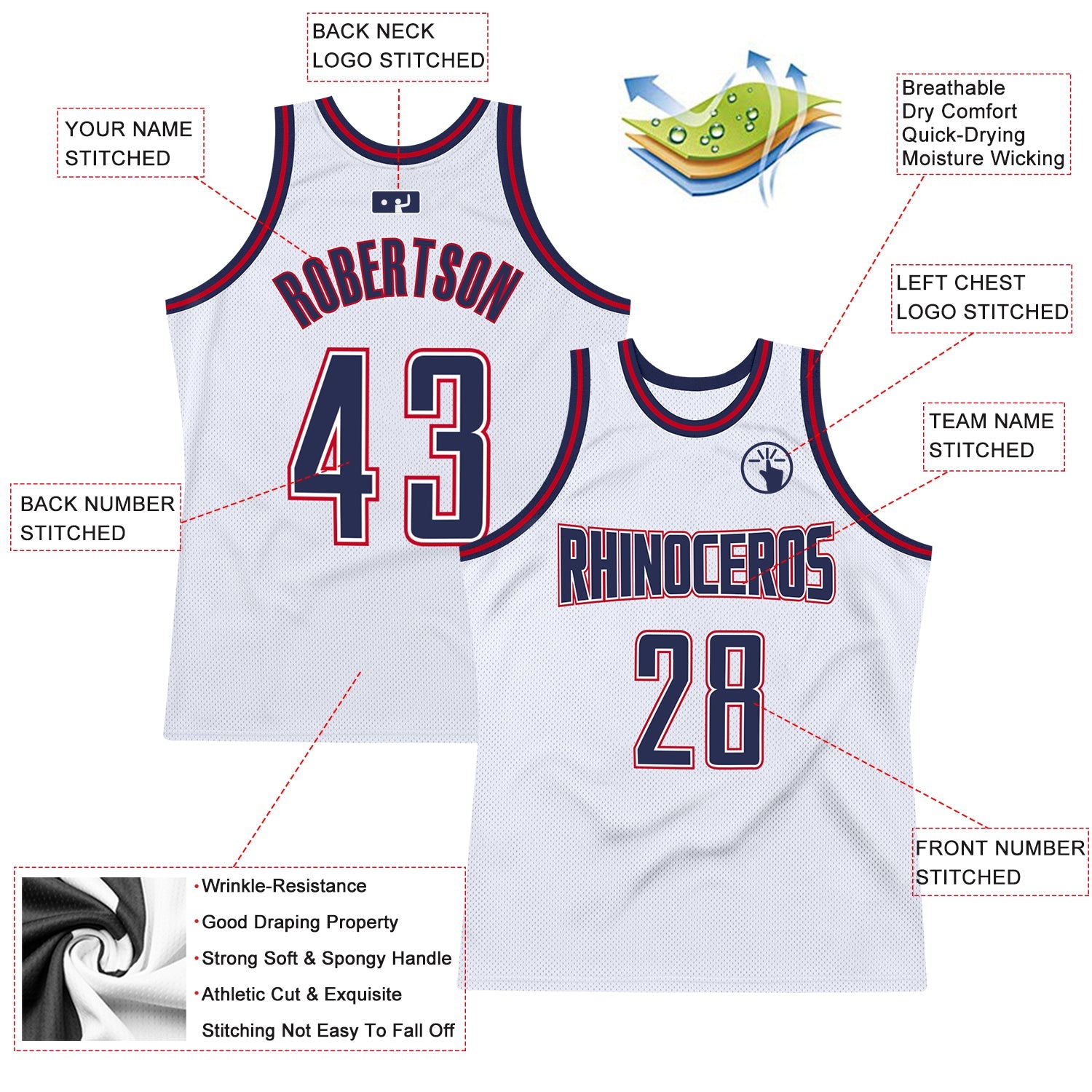 Custom White Navy-Red Authentic Throwback Basketball Jersey - Sky-Custom