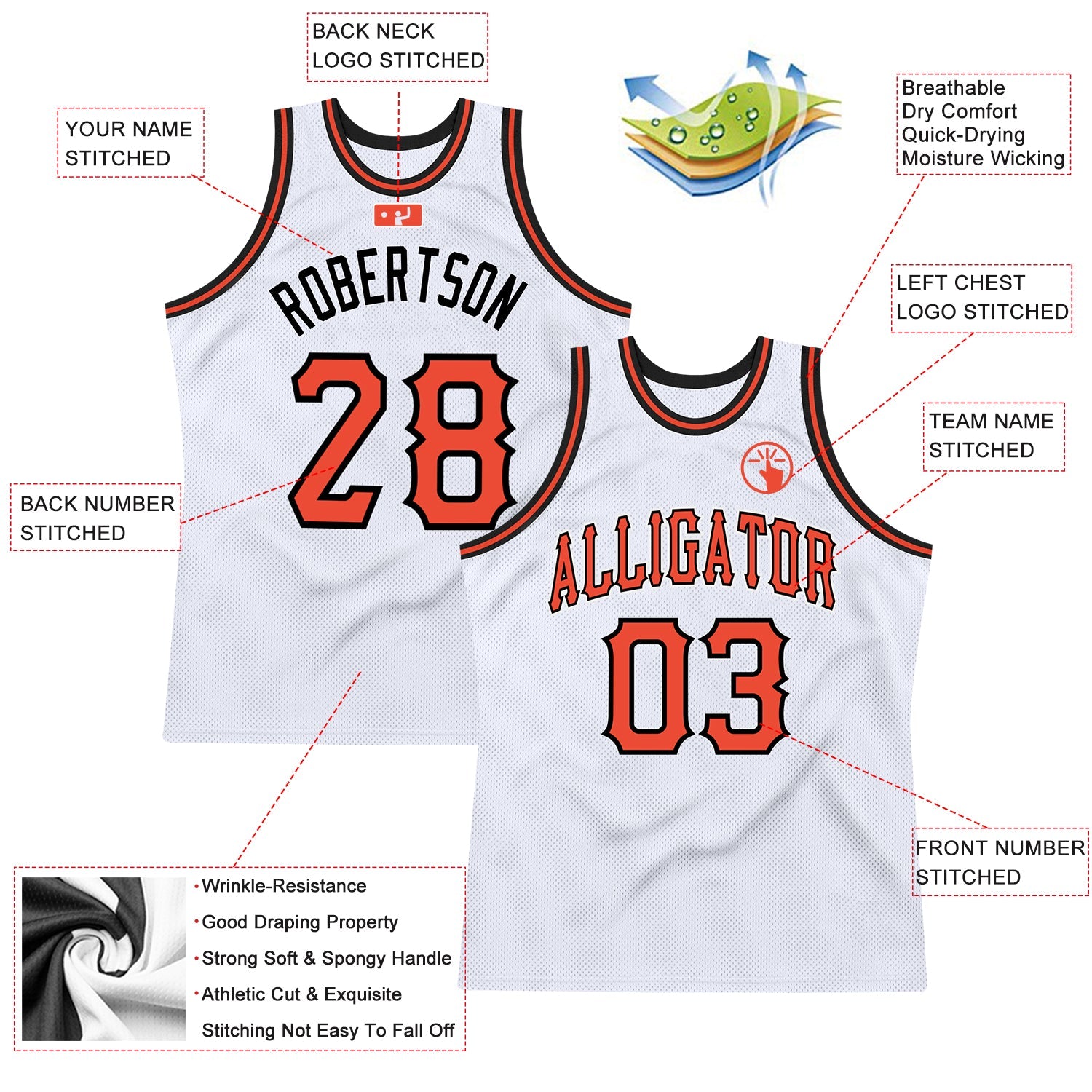 Custom White Orange-Black Authentic Throwback Basketball Jersey - Sky-Custom