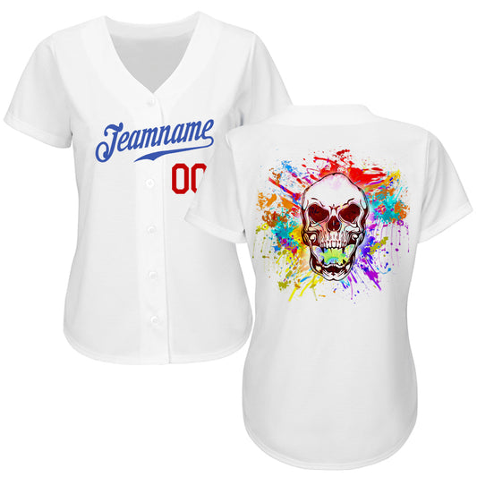 Custom White Royal-Red Authentic Skull Fashion Baseball Jersey - Sky-Custom