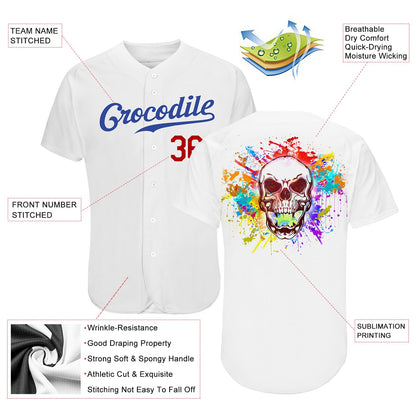 Custom White Royal-Red Authentic Skull Fashion Baseball Jersey - Sky-Custom
