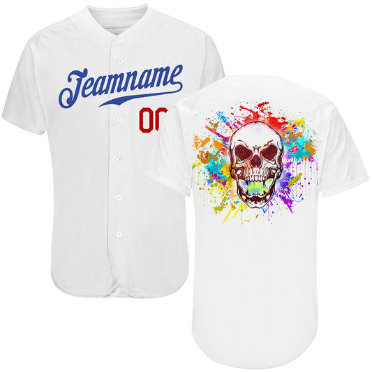 Custom White Royal-Red Authentic Skull Fashion Baseball Jersey - Sky-Custom