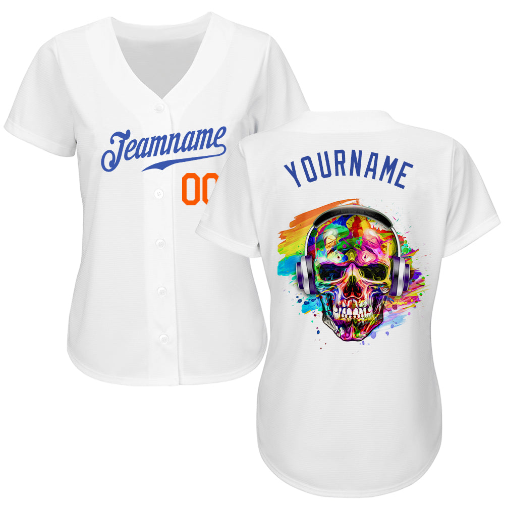 Custom White Royal-Orange Authentic Skull Fashion Baseball Jersey - Sky-Custom