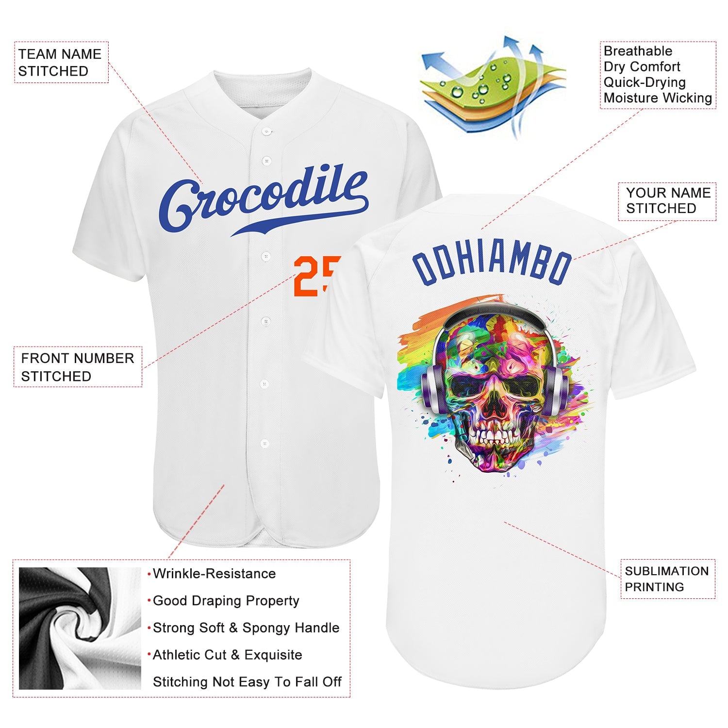 Custom White Royal-Orange Authentic Skull Fashion Baseball Jersey - Sky-Custom