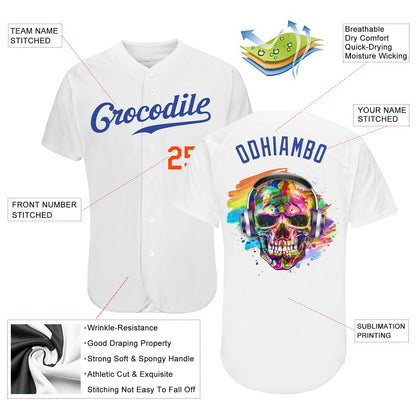 Custom White Royal-Orange Authentic Skull Fashion Baseball Jersey - Sky-Custom