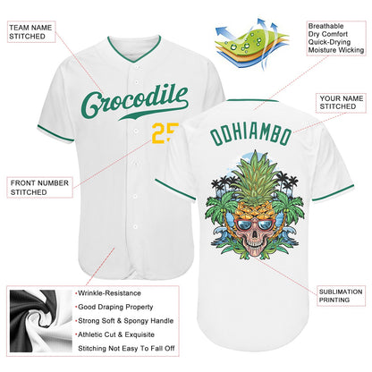 Custom White Kelly Green-Gold Authentic Skull Pineapple Head Baseball Jersey - Sky-Custom