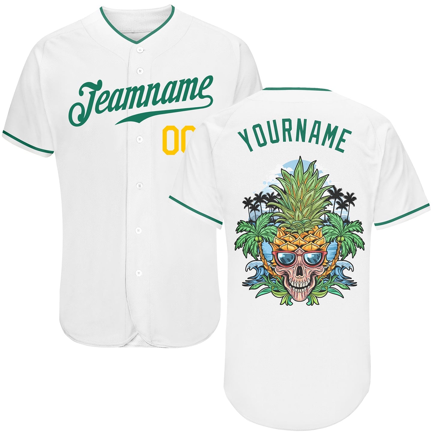 Custom White Kelly Green-Gold Authentic Skull Pineapple Head Baseball Jersey - Sky-Custom