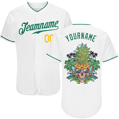 Custom White Kelly Green-Gold Authentic Skull Pineapple Head Baseball Jersey - Sky-Custom