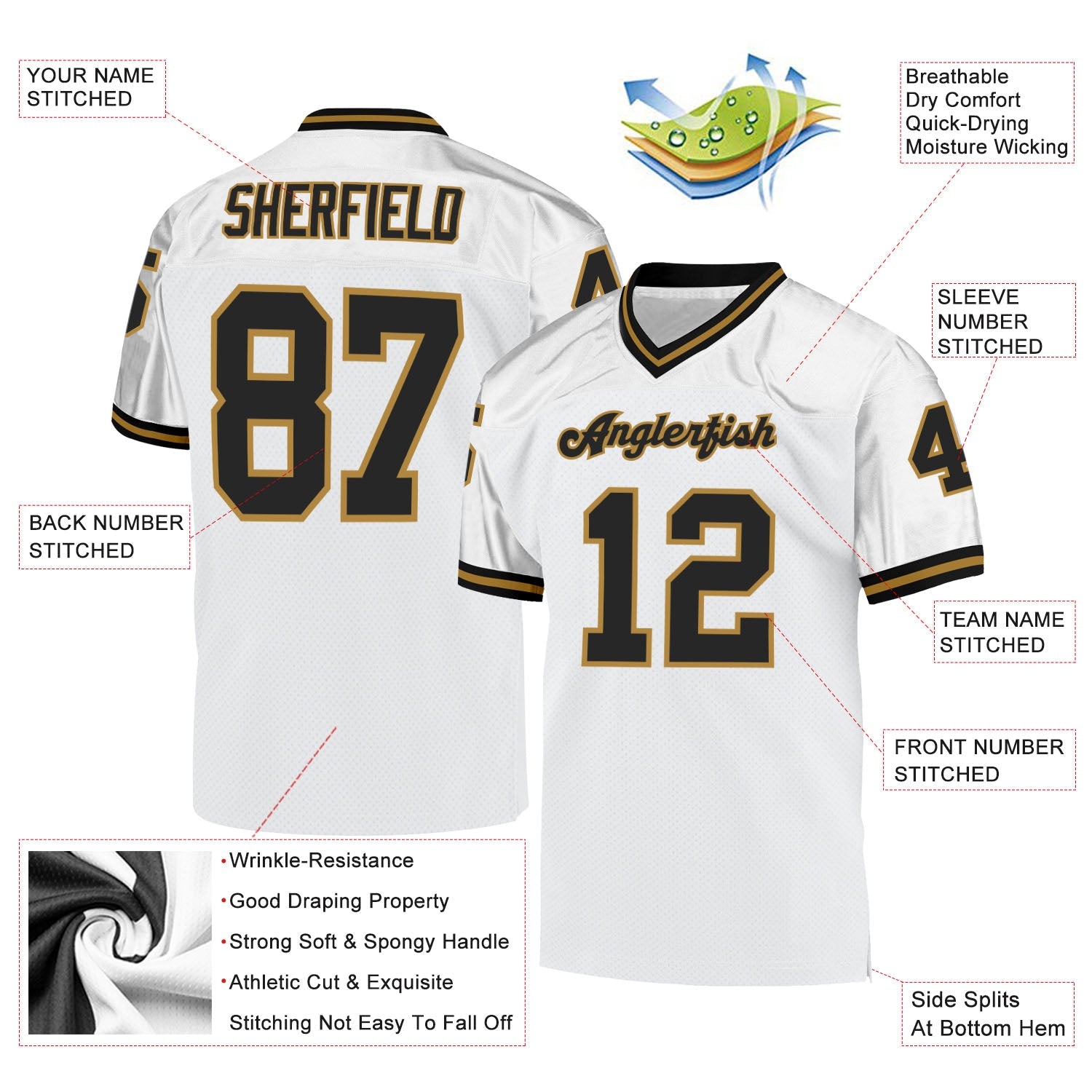 Custom White Black-Old Gold Mesh Authentic Throwback Football Jersey - Sky-Custom