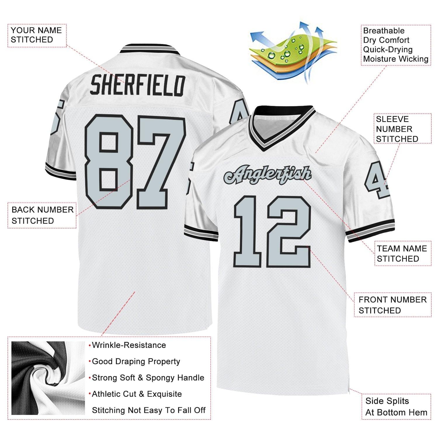 Custom White Silver-Black Mesh Authentic Throwback Football Jersey - Sky-Custom