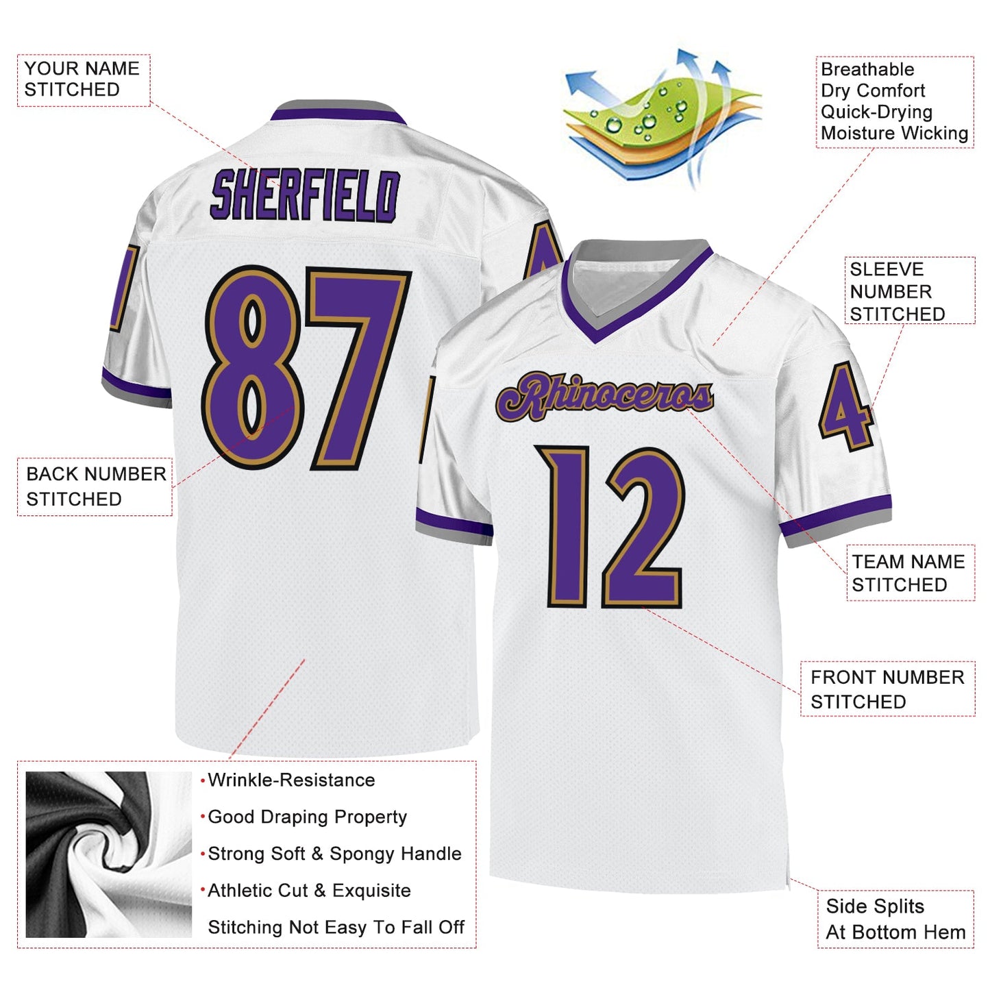 Custom White Purple-Old Gold Mesh Authentic Throwback Football Jersey - Sky-Custom