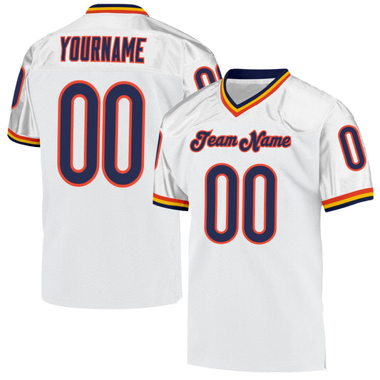 Custom White Navy-Orange Mesh Authentic Throwback Football Jersey - Sky-Custom