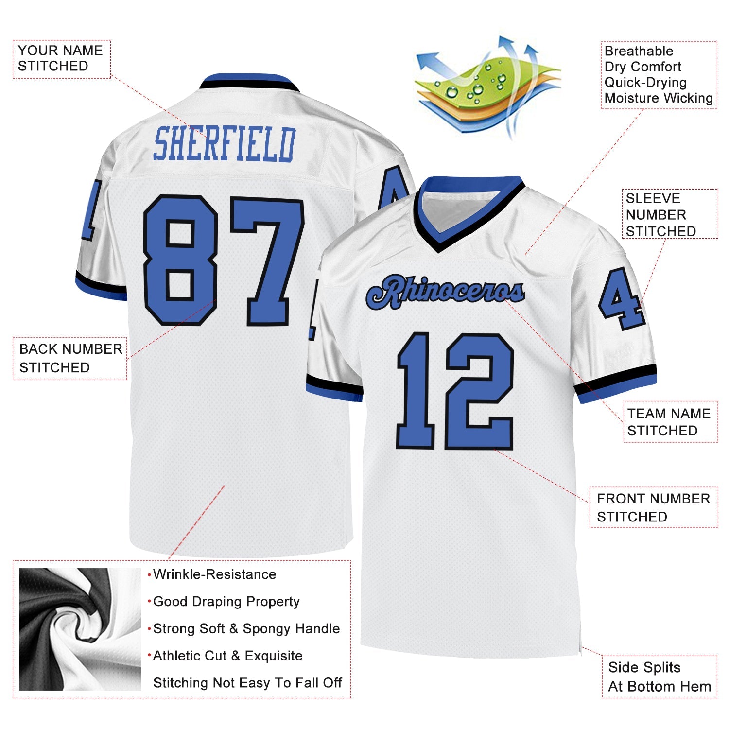Custom White Blue-Black Mesh Authentic Throwback Football Jersey - Sky-Custom