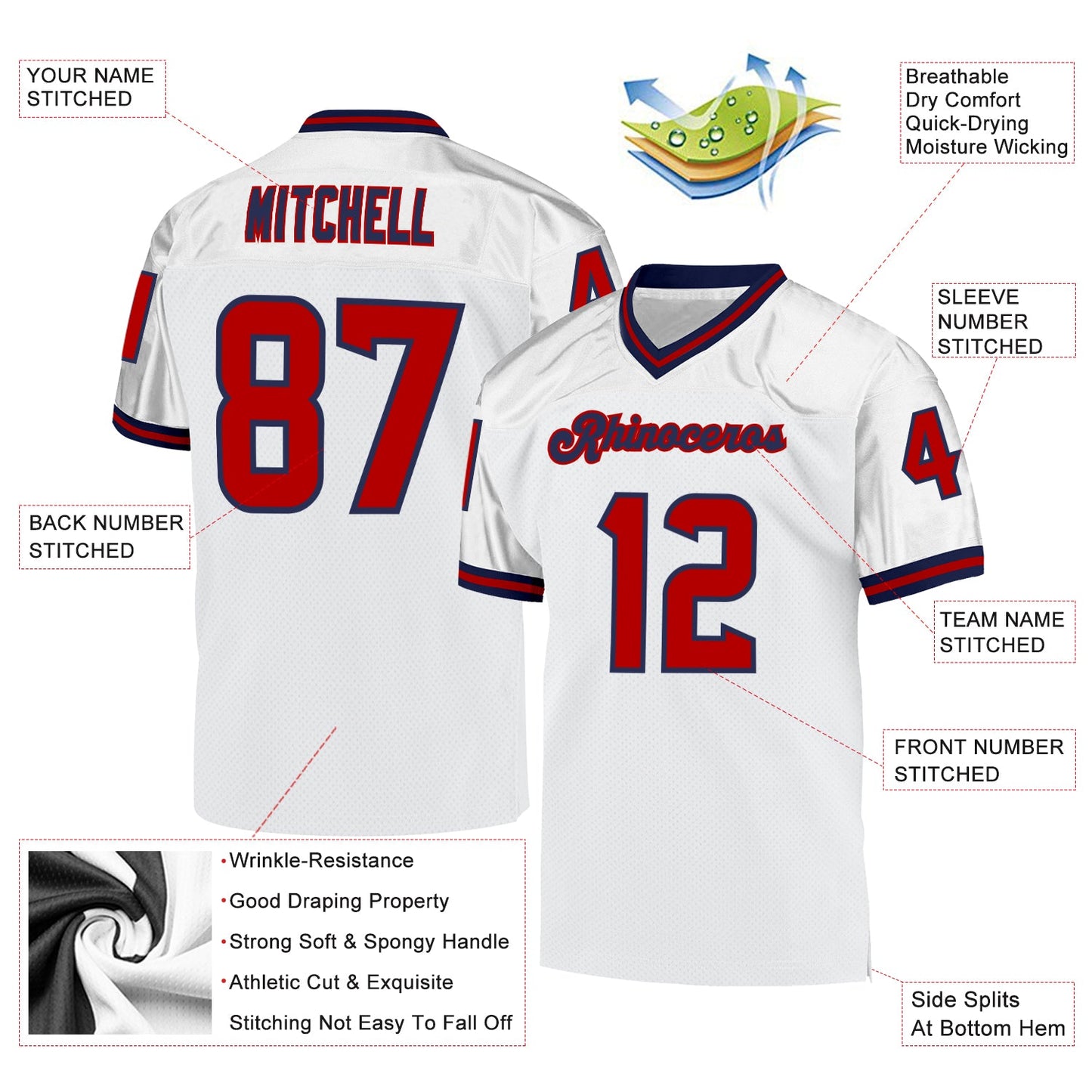 Custom White Red-Navy Mesh Authentic Throwback Football Jersey - Sky-Custom