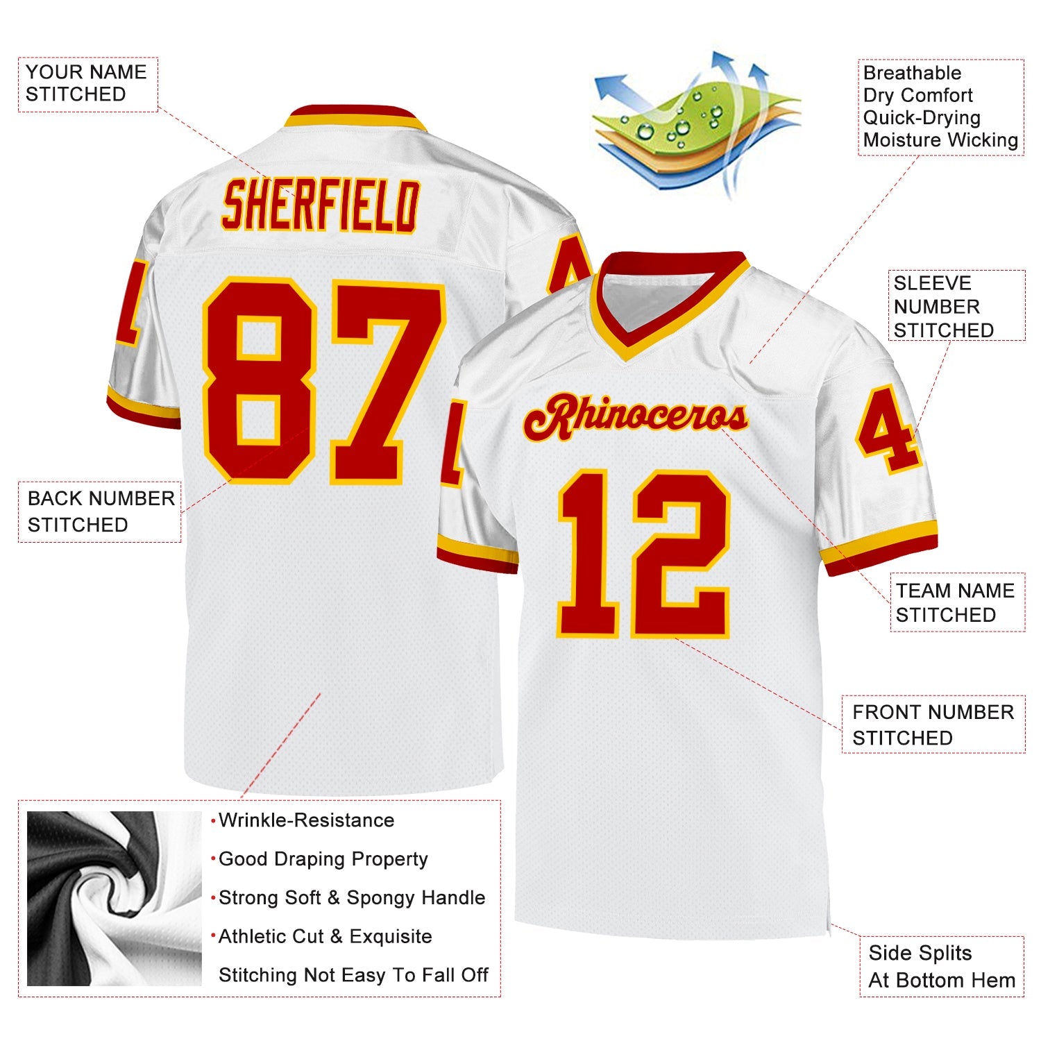 Custom White Red-Gold Mesh Authentic Throwback Football Jersey - Sky-Custom