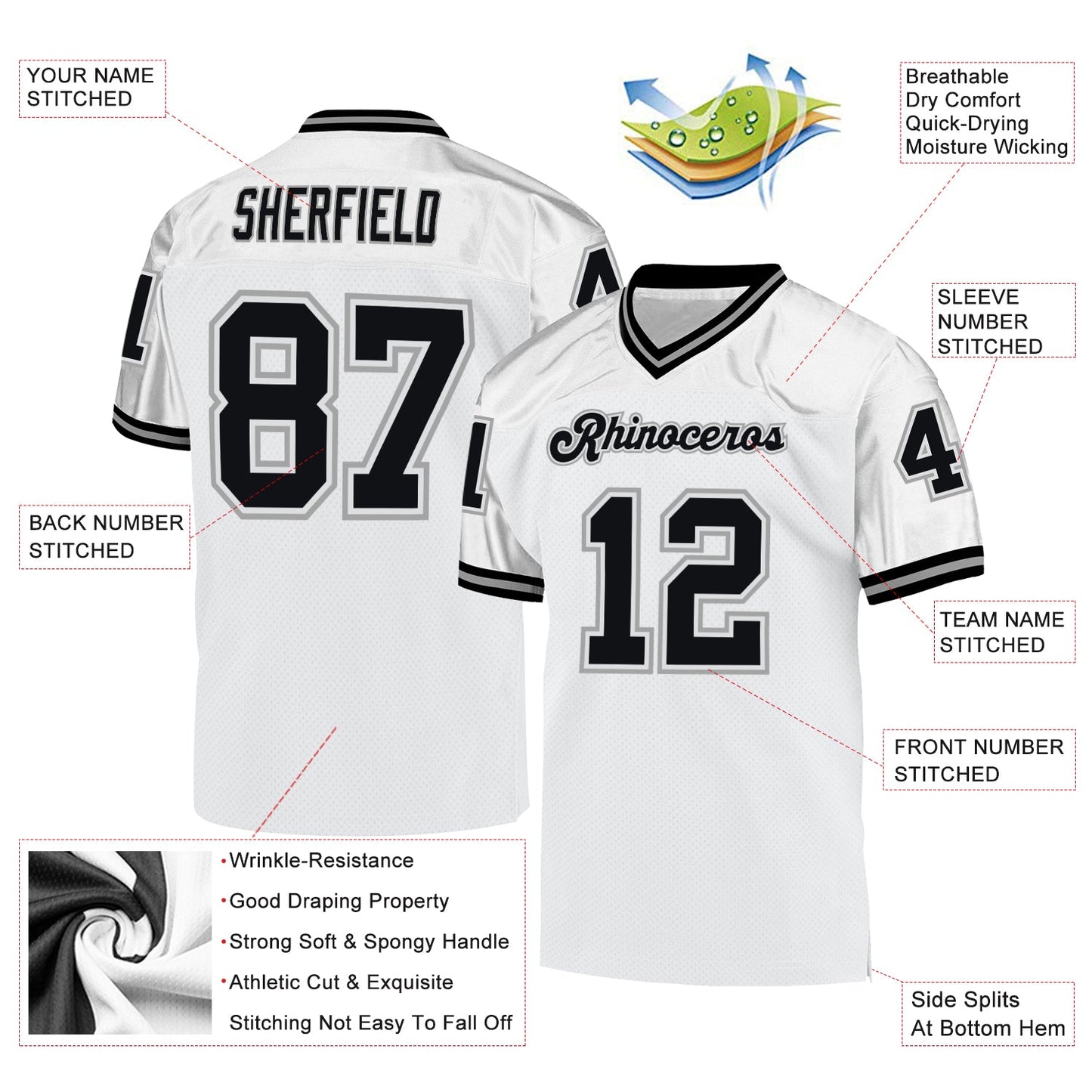 Custom White Black-Gray Mesh Authentic Throwback Football Jersey - Sky-Custom