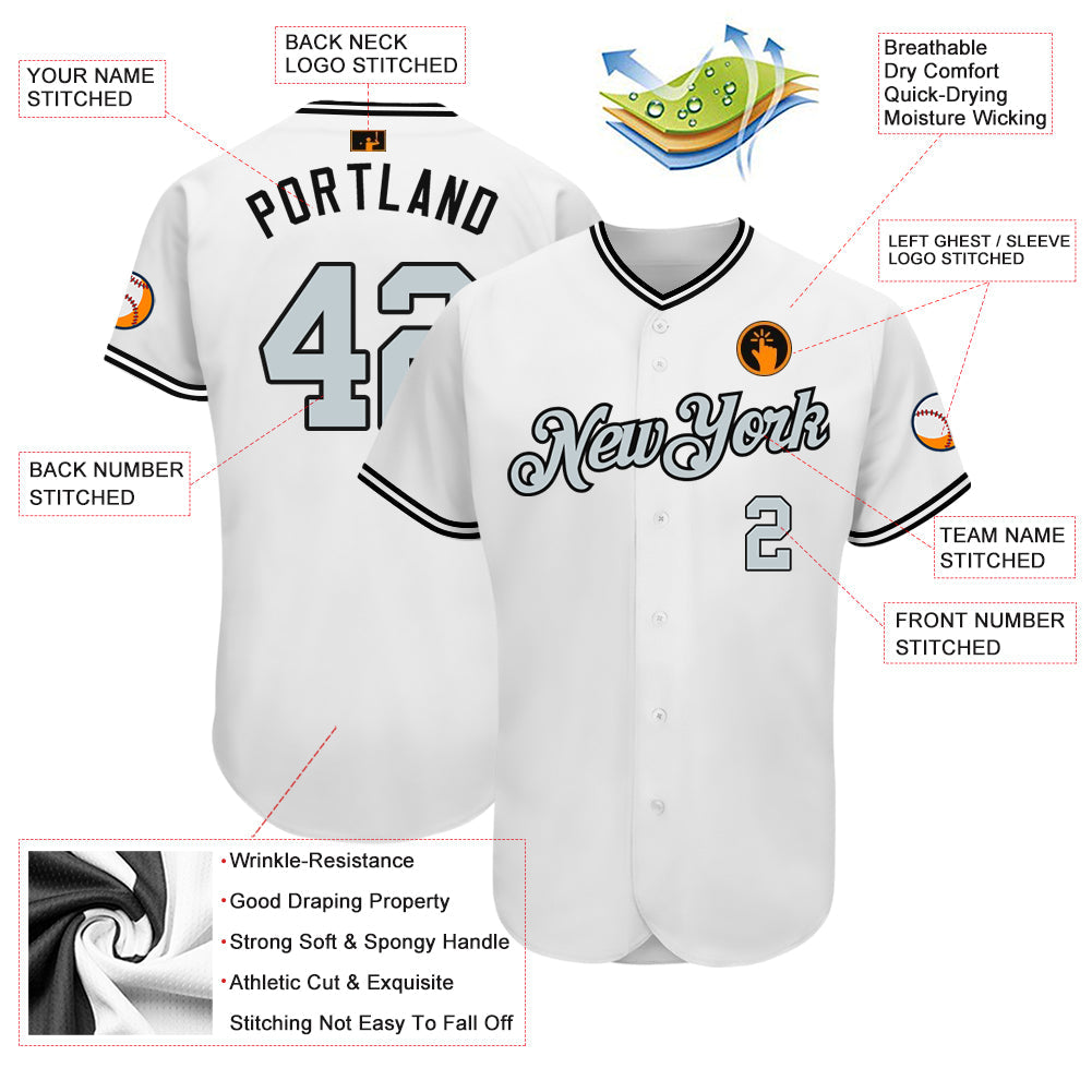Custom White Silver-Black Authentic Baseball Jersey - Sky-Custom