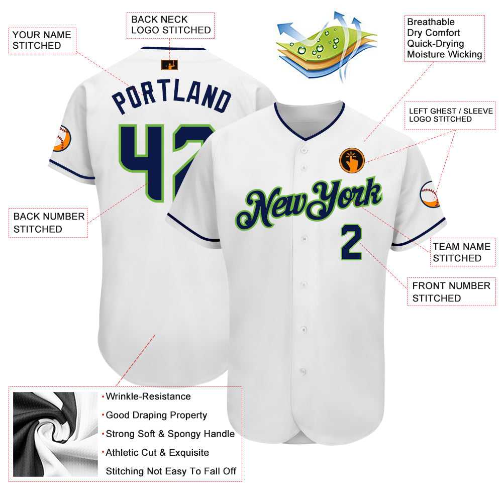 Custom White Navy-Neon Green Authentic Baseball Jersey - Sky-Custom