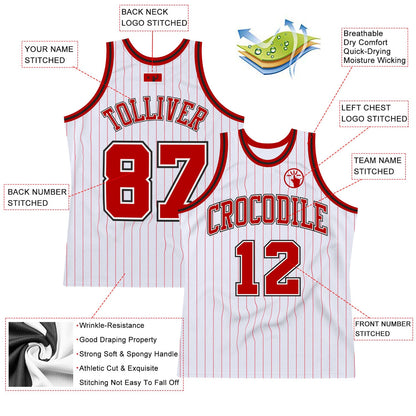 Custom White Red Pinstripe Red-Black Authentic Basketball Jersey - Sky-Custom