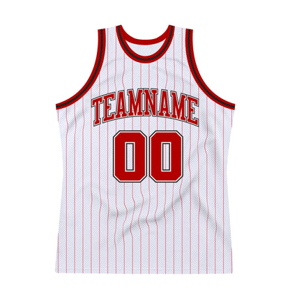 Custom White Red Pinstripe Red-Black Authentic Basketball Jersey - Sky-Custom
