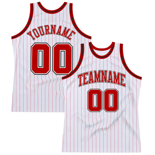 Custom White Red Pinstripe Red-Black Authentic Basketball Jersey - Sky-Custom