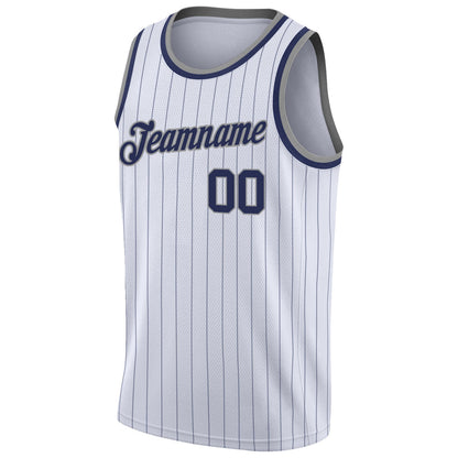 Custom White Navy Pinstripe Navy-Gray Authentic Basketball Jersey - Sky-Custom