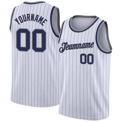 Custom White Navy Pinstripe Navy-Gray Authentic Basketball Jersey - Sky-Custom
