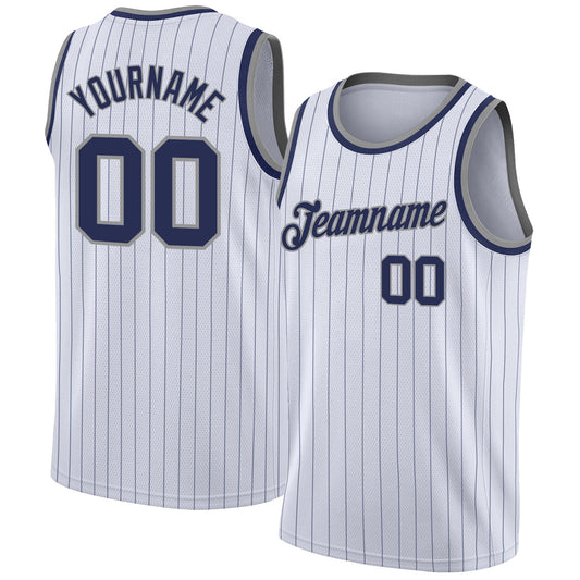 Custom White Navy Pinstripe Navy-Gray Authentic Basketball Jersey - Sky-Custom