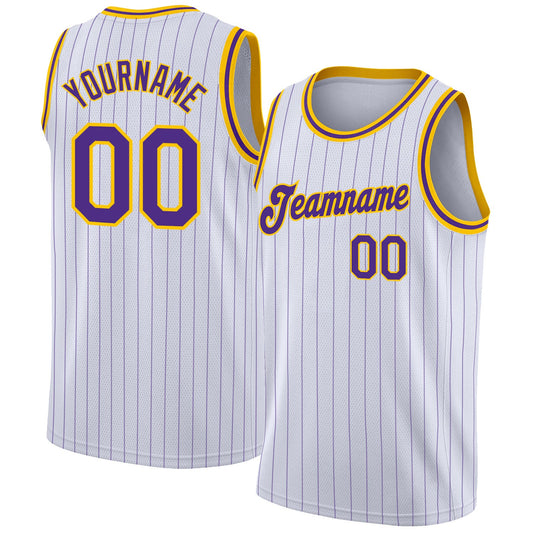 Custom White Purple Pinstripe Purple-Gold Authentic Basketball Jersey - Sky-Custom