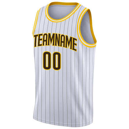 Custom White Brown Pinstripe Brown-Gold Authentic Basketball Jersey - Sky-Custom
