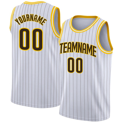 Custom White Brown Pinstripe Brown-Gold Authentic Basketball Jersey - Sky-Custom