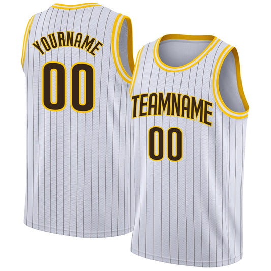 Custom White Brown Pinstripe Brown-Gold Authentic Basketball Jersey - Sky-Custom