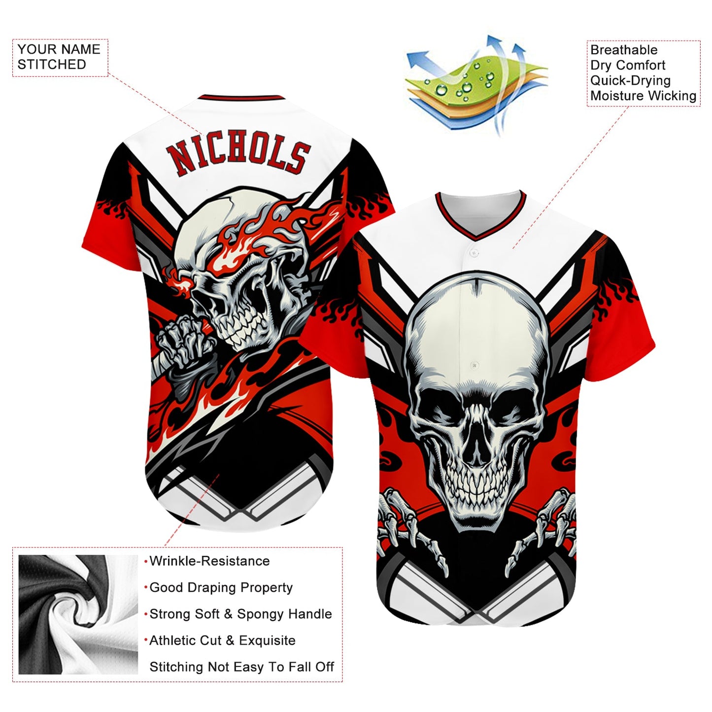 Custom White Red-Black 3D Skull Authentic Baseball Jersey - Sky-Custom