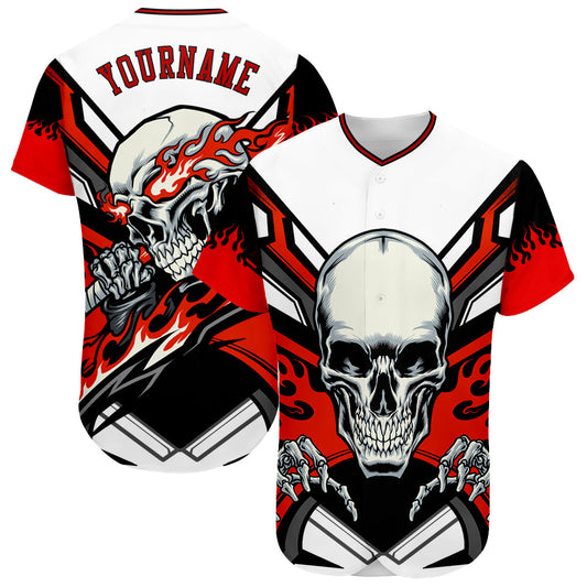 Custom White Red-Black 3D Skull Authentic Baseball Jersey - Sky-Custom