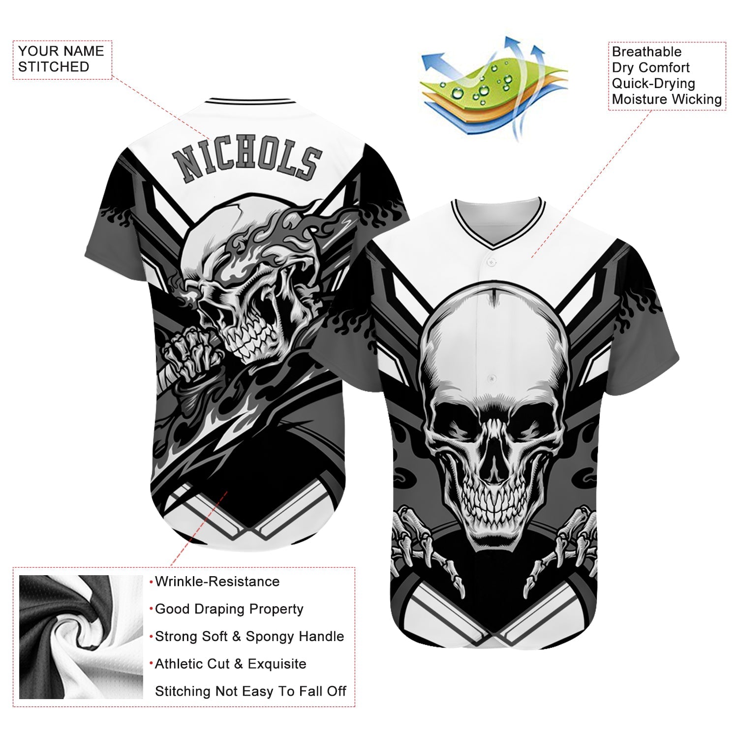 Custom White Gray-Black 3D Skull Authentic Baseball Jersey - Sky-Custom